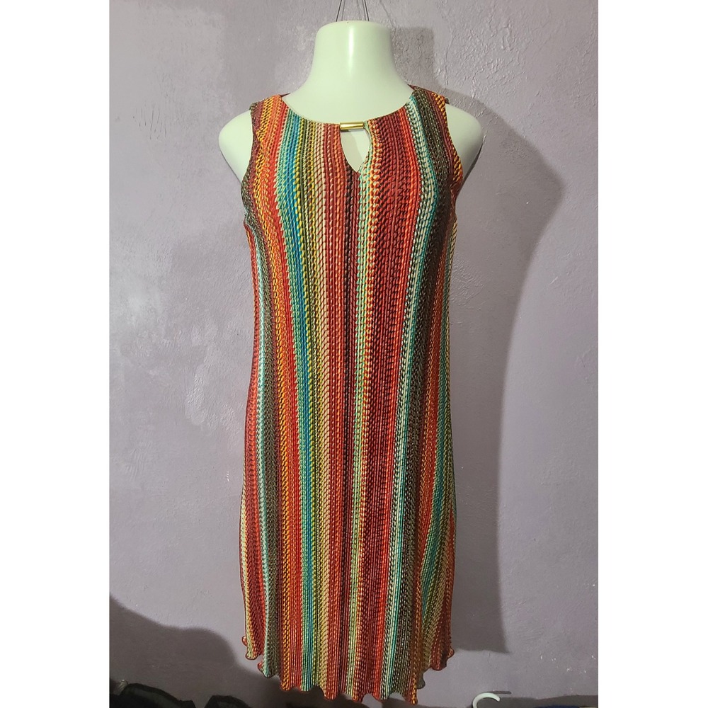 Ronni Nicole Pleated Keyhole Dress Women 10 Multi-Color Stripe Sleeveless Sheath
